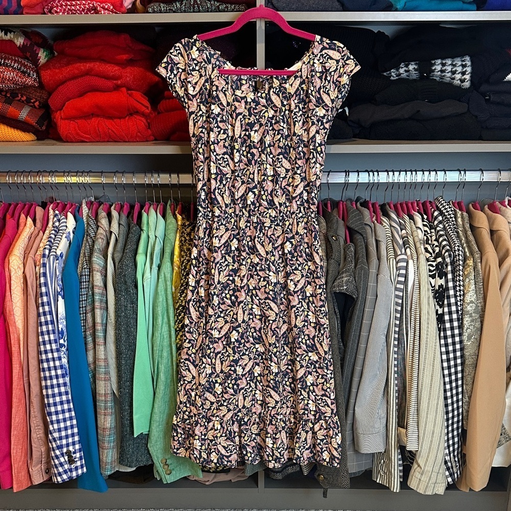 Lauren Conrad blue/pink floral elastic waistband tie back keyhole midi dress S